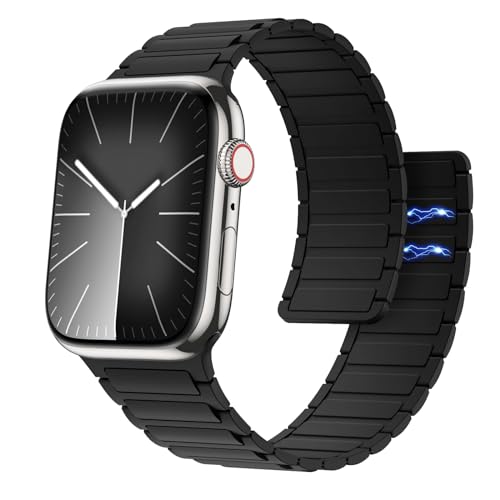 Astorgos Magnetisch Uhrenarmband Kompatibel mit Apple Watch Armband SE Series 9 8 7 6 5 4 3 2 1 38/40/41mm, Silikon Sport Armbänder Starker Magnet Link Ersatzarmband, Schwarz von Astorgos