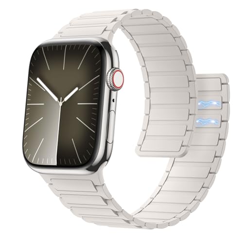 Astorgos Magnetisch Uhrenarmband Kompatibel mit Apple Watch Armband SE Series 9 8 7 6 5 4 3 2 1 38/40/41mm, Silikon Sport Armbänder Starker Magnet Link Ersatzarmband, Sternenlicht Gold von Astorgos
