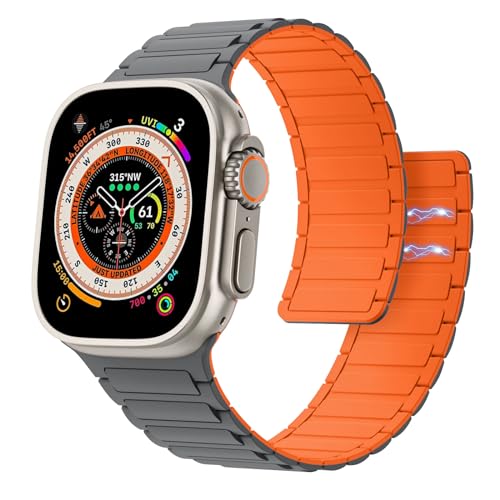 Astorgos Magnetisch Uhrenarmband Kompatibel mit Apple Watch Armband Ultra/Ultra2 49mm/SE Serie 9/8/7/6/5/4/3/2/1 42/44/45mm, Silikon Sport Armbänder Starker Magnet Link Ersatzarmband, Grau Orange von Astorgos