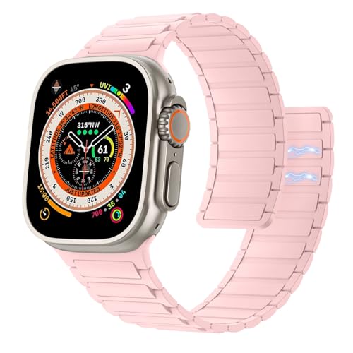 Astorgos Magnetisch Uhrenarmband Kompatibel mit Apple Watch Armband Ultra/Ultra2 49mm/SE Serie 9/8/7/6/5/4/3/2/1 42/44/45mm, Silikon Sport Armbänder Starker Magnet Link Ersatzarmband, Rosa von Astorgos