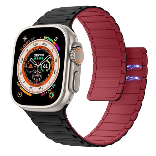 Astorgos Magnetisch Uhrenarmband Kompatibel mit Apple Watch Armband Ultra/Ultra2 49mm/SE Serie 9/8/7/6/5/4/3/2/1 42/44/45mm, Silikon Sport Armbänder Starker Magnet Link Ersatzarmband, Schwarz/Rot von Astorgos