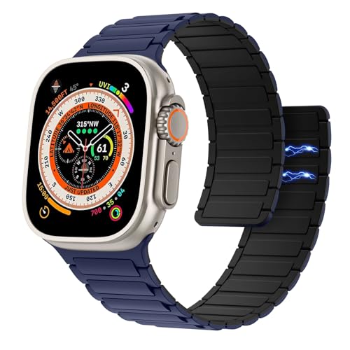 Astorgos Magnetisch Uhrenarmband Kompatibel mit Apple Watch Armband Ultra/Ultra2 49mm/SE Serie 9/8/7/6/5/4/3/2/1 42/44/45mm, Silikon Sport Armbänder Starker Magnet Link Ersatzarmband,DunkelBlau&S von Astorgos