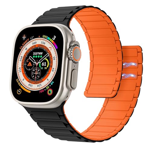 Astorgos Magnetisch Uhrenarmband Kompatibel mit Apple Watch Armband Ultra/Ultra2 49mm/SE Serie 9/8/7/6/5/4/3/2/1 42/44/45mm, Silikon Sport Armbänder Starker Magnet Link Ersatzarmband,SchwarzOrange von Astorgos