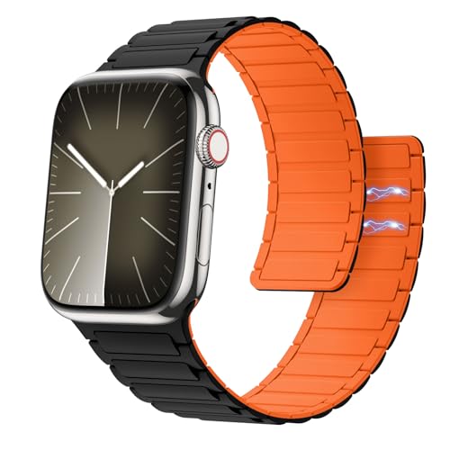 Astorgos Magnetisch Uhrenarmband Kompatibel mit Apple Watch Series 9 8 7 6 5 4 3 2 1 SE 38/40/41mm, Weich Silikon Armbänder Starker Magnet Link Einstellbar Ersatzarmband, Schwarz Orange von Astorgos