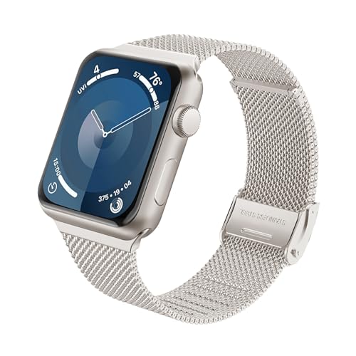 Astorgos Metall Armbänder Kompatibel mit Apple Watch Series 9 8 7 6 5 4 3 2 1 SE 38/40/41mm, Schnellverschluss Mesh Uhrenarmband, Schlank Elegant Edelstahl Armband Uhrenarmbänder, Sternenlicht Gold von Astorgos