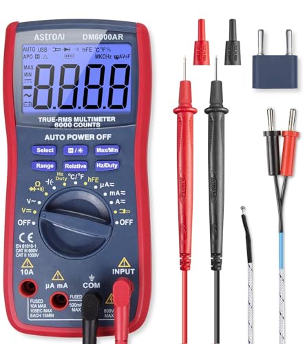 AstroAI Digital Multimeter, True RMS 6000 Counts Advanced Multimeter, messen AC/DC Spannung, AC/DC Strom, Widerstand, Kontinuität, Kapazitanz, Frequenz, Tests Dioden, Transistoren, Temperatur, Rot von AstroAI