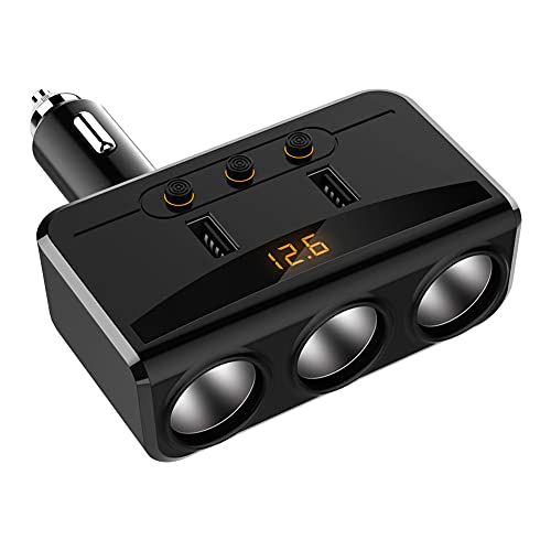 Asudaro 12V-24V Auto Zigarettenanzünder Adapter Auto Ladegerät 3-Fach Zigarettenanzünder Verteiler USB Kfz Adapter Steckdose Splitter mit Voltmeter Schalter für Handy Tablet GPS Dash Kamera,Schwarz von Asudaro