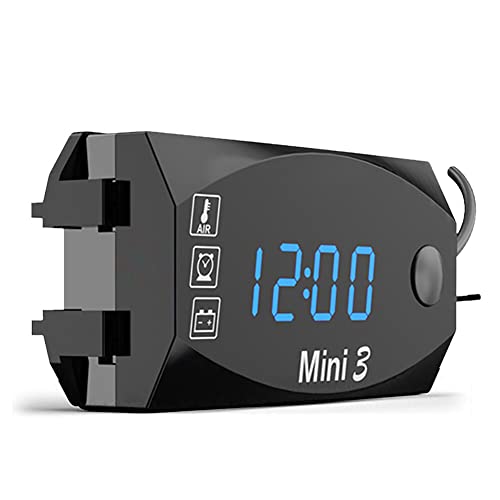 Asudaro 3-in-1 LED Motorraduhr Spannungsthermometer Voltmeter Universelles 10-14 V Spannungsmesser Elektronische Uhr 12V Wasserdichter Digitaler Voltmeter für Motorradlenker Blau von Asudaro