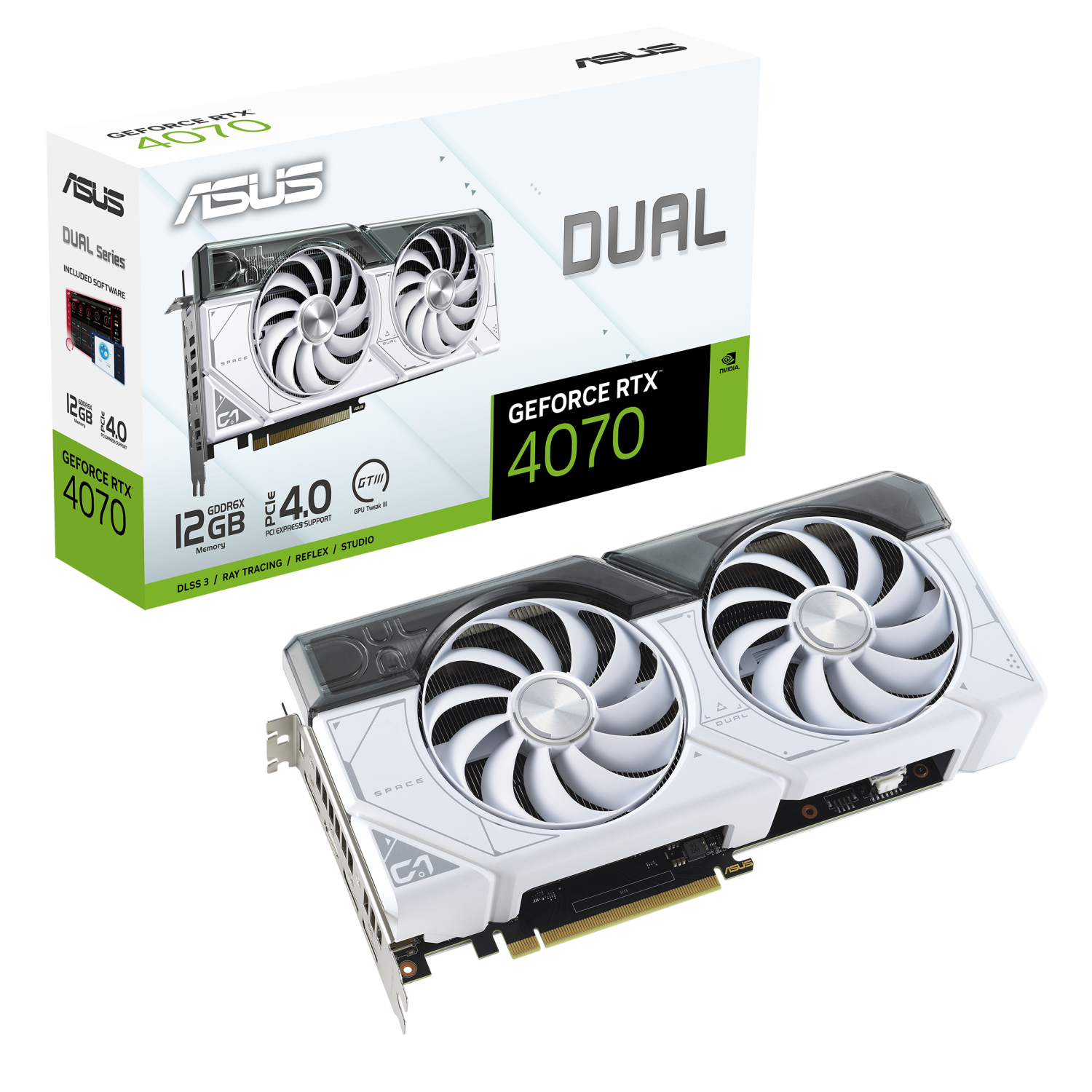 ASUS DUAL Gaming GeForce RTX 4070 White Edition Grafikkarte - 12GB GDDR6X, 1x HDMI, 3x DP von Asus