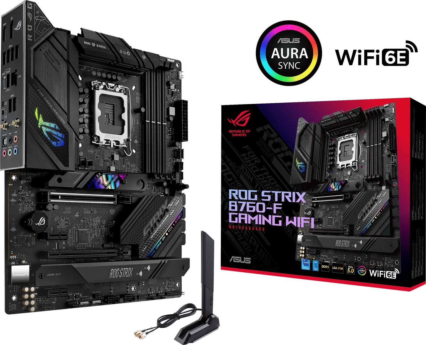 Asus ROG STRIX B760-F GAMING WIFI Mainboard, DDR5 Speicher, PCIe 5.0, WiFi 6E, 3x PCIe 4.0 M.2, Aura Sync Asus ROG STRIX B760-F GAMING WIFI Mainboard, DDR5 Speicher, PCIe 5.0, WiFi 6E, 3x PCIe 4.0 M.2, Aura Sync von Asus