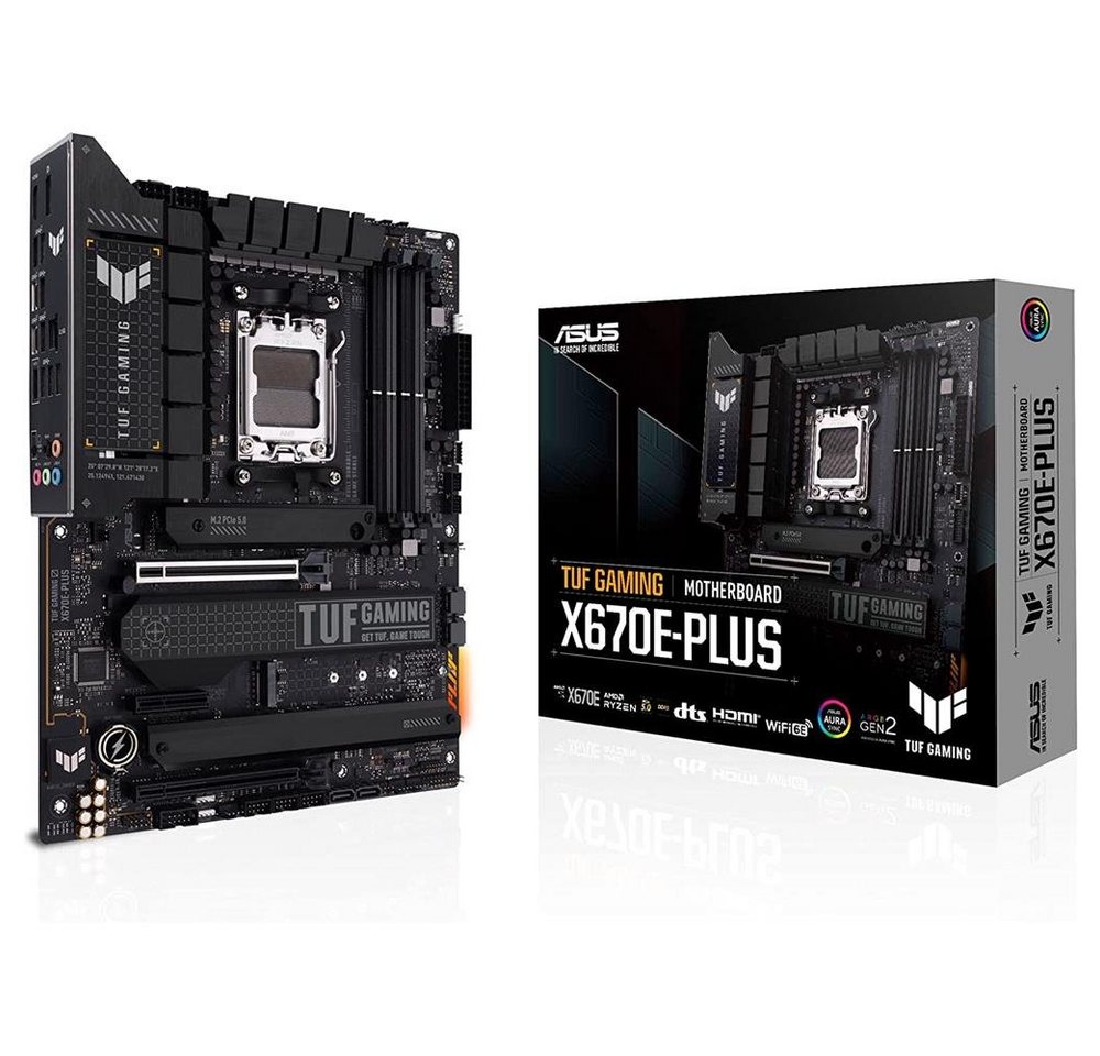 Asus TUF GAMING X670E-PLUS Mainboard Aura Sync RGB-Beleuchtung, (Gaming Mainboard Sockel, 1-St., RAM 128 GB), AMD, AM5, ATX, PCIe 5.0, DDR5-Speicher, M.2, USB 3.2 Gen von Asus