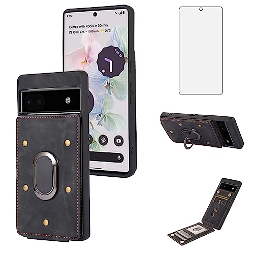 Asuwish Handyhülle für Google Pixel 6A 5G 2022 Wallet Cover mit gehärtetem Glas Displayschutzfolie und Ringständer Kreditkartenhalter Leder Handy Zubehör Geldbörse Flip TPU Pixel6A A6 Damen Herren von Asuwish