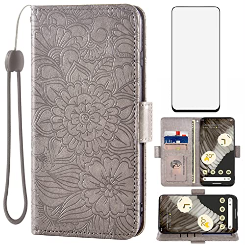 Asuwish Handyhülle für Google Pixel 7 Pro Hülle mit Glas Folie Schutzfolie und Kartenfach Klappbar Leder Geldbörse Ständer Pixel7Pro 7Pro 5G Sieben Handy Hüllen Blumen Schutzhülle Phone Case Grau von Asuwish