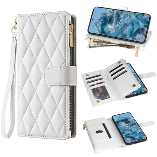 Asuwish Handyhülle für Google Pixel 8 Pro Hülle mit Band Kartenfach Klappbar Leder Geldbörse Ständer Pixel8Pro 8Pro 5G Reißverschluss Handyhüllen Wallet Cover Handy Hüllen Schutzhülle Phone Case Weiss von Asuwish