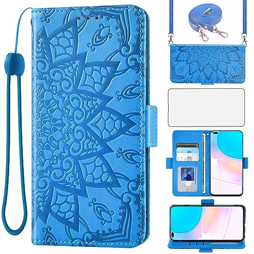 Asuwish Handyhülle für Honor 50 Lite/Huawei Nova 8i Hülle mit Band und Glas Schutzfolie Folie Kartenfach Klappbar Leder Geldbörse Ständer Hawaii Nova8i i8 NTN LX1 Mandala Schutzhülle Phone Case Blau von Asuwish