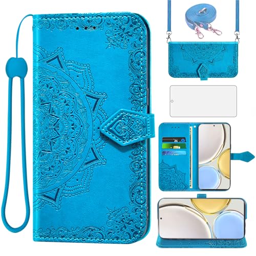 Asuwish Handyhülle für Honor Magic 4 Lite 5G/X30/X9 4G Hülle mit Band und Glas Folie Schutzfolie Kartenfach Klappbar Leder Geldbörse Ständer Huawei Magic4 4Lite Handy Hüllen Mandala Phone Case Blau von Asuwish