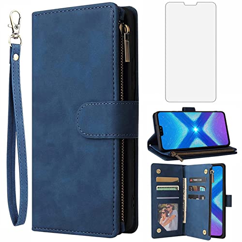 Asuwish Handyhülle für Huawei Honor 8X Hülle mit Folie Schutzfolie und Kartenfach Klappbar Leder Geldbörse Ständer Reißverschluss Hawaii Honor8X 5G JSN-L21 Handy Hüllen Schutzhülle Phone Case Blau von Asuwish