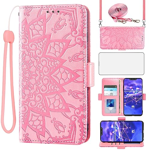 Asuwish Handyhülle für Huawei Mate 20 Lite Hülle mit Band und Glas Schutzfolie Folie Kartenfach Klappbar Leder Geldbörse Ständer Hawaii Mate20 20Lite SNE-LX1 Handy Hüllen Mandala Schutzhülle Case Rosa von Asuwish