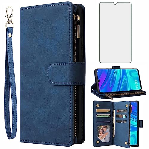 Asuwish Handyhülle für Huawei P Smart 2019/Honor 10 Lite Hülle mit Folie Schutzfolie und Kartenfach Klappbar Leder Geldbörse Ständer Reißverschluss Hawaii PSmart POT-LX1 HRY-LX1 Handy Hüllen Case Blau von Asuwish