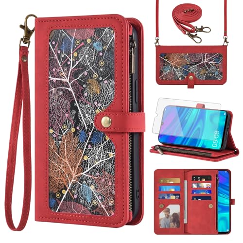 Asuwish Handyhülle für Huawei P Smart 2019/Honor 10 Lite Wallet Cover mit Displayschutzfolie und Crossbody Handschlaufe Leder Flip Muster Reißverschluss Kreditkartenhalter Ständer Cell Hawaii PSmart von Asuwish