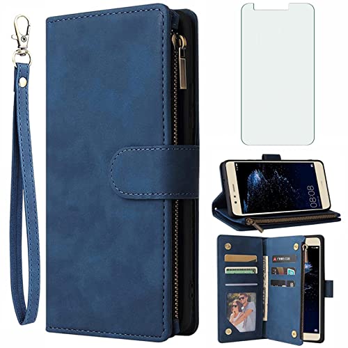 Asuwish Handyhülle für Huawei P10 Lite Hülle mit Folie Schutzfolie und Kartenfach Klappbar Leder Geldbörse Ständer Reißverschluss Hawaii P 10 P10Lite Wallet Handy Hüllen Schutzhülle Phone Case Blau von Asuwish