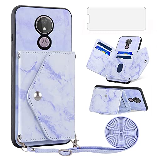 Asuwish Handyhülle für Motorola Moto G7 Power Hülle mit Band und Glas Folie Schutzfolie Kartenfach Klappbar Kette Leder Geldbörse Ständer G7Power Handy Hüllen Schutzhülle Handyhüllen Phone Case Blau von Asuwish