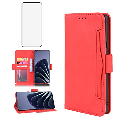 Asuwish Handyhülle für OnePlus 10 Pro Hülle mit Glas Folie Schutzfolie Kartenfach Klappbar Leder Geldbörse Ständer Handyhüllen Panzerfolie 10Pro 5G Handy Hüllen Schutzhülle Cover Phone Case Rot von Asuwish