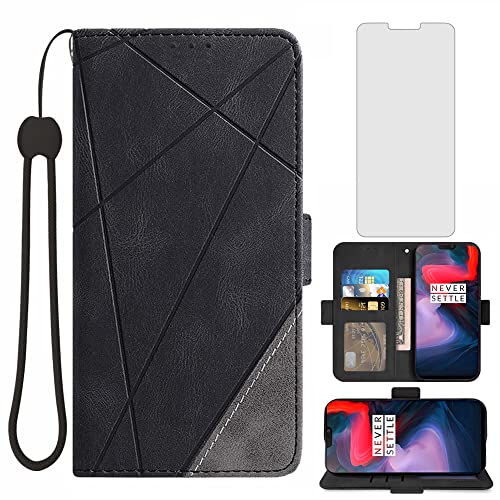 Asuwish Handyhülle für OnePlus 6 Hülle mit Glas Folie Schutzfolie Kartenfach Klappbar Leder Geldbörse Ständer OnePlus6 A6003 Handy Hüllen Schutzhülle Panzerfolie Schutzglas Cover Phone Case Schwarz von Asuwish