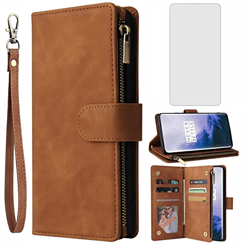 Asuwish Handyhülle für OnePlus 7 Pro Hülle mit Folie Schutzfolie und Kartenfach Klappbar Leder Geldbörse Ständer Reißverschluss 7Pro GM1913 Panzerfolie Wallet Handy Hüllen Schutzhülle Phone Case Braun von Asuwish