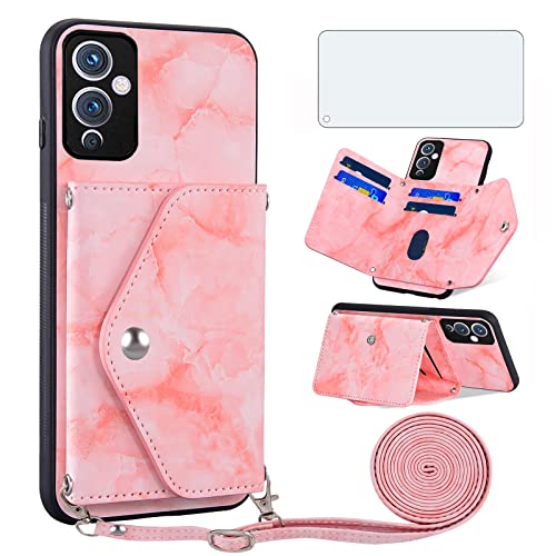 Asuwish Handyhülle für OnePlus 9 Hülle mit Band und Glas Folie Schutzfolie Kartenfach Klappbar Kette Leder Geldbörse Ständer OnePlus9 5G Handy Hüllen Schutzhülle Handyhüllen Schutzglas Phone Case Rosa von Asuwish