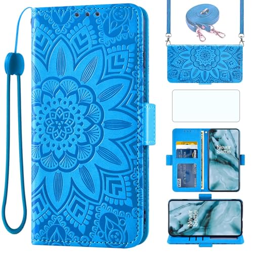 Asuwish Handyhülle für OnePlus Nord 1 Hülle mit Band und Glas Folie Schutzfolie Kartenfach Klappbar Leder Geldbörse Ständer 5G AC2003 AC2001 Handy Hüllen Blumen Schutzhülle Schutzglas Phone Case Blau von Asuwish