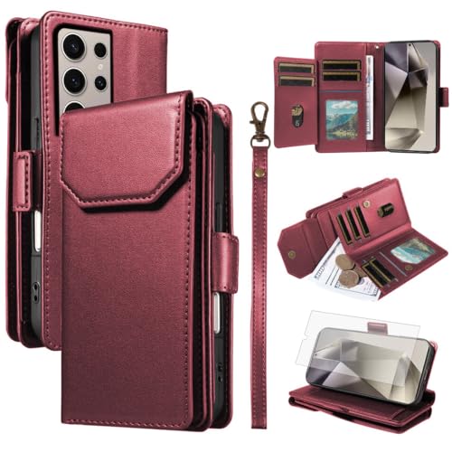 Asuwish Handyhülle für Samsung Galaxy S24 Ultra 5G Hülle mit Folie Schutzfolie und Kartenfach Klappbar Leder Geldbörse Ständer S24Ultra 24S S 24 24Ultra Wallet Handy Hüllen Schutzhülle Phone Case Rot von Asuwish