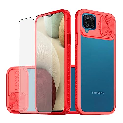 Asuwish Handyhülle für Samsung Galaxy A12/M12 Hülle mit Glas Folie Schutzfolie und Kameraschutz Handyhüllen Cover A 12 Nacho 4G 5G Slim Durchsichtig Handy Hüllen Schutzhülle Panzerfolie Phone Case Rot von Asuwish