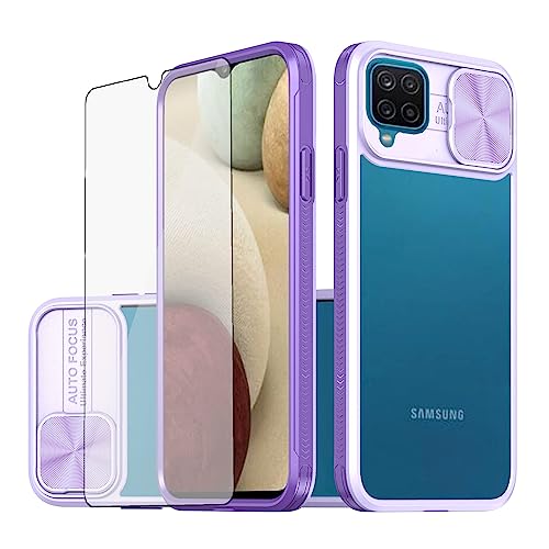 Asuwish Handyhülle für Samsung Galaxy A12/M12 Hülle mit Glas Folie Schutzfolie und Kameraschutz Handyhüllen Cover A 12 Nacho 4G 5G Slim Durchsichtig Handy Hüllen Schutzhülle Schutzglas Phone Case Lila von Asuwish