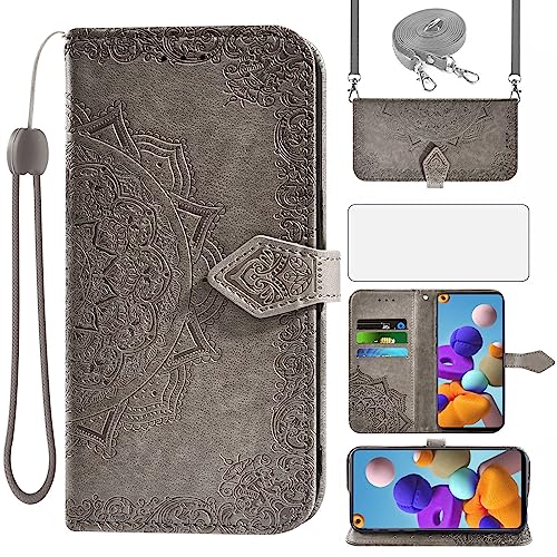Asuwish Handyhülle für Samsung Galaxy A21S Hülle mit Band und Glas Folie Schutzfolie Kartenfach Klappbar Leder Geldbörse Ständer 0 Handy Hüllen Mandala Schutzhülle Panzerfolie Cover Phone Case Grau von Asuwish