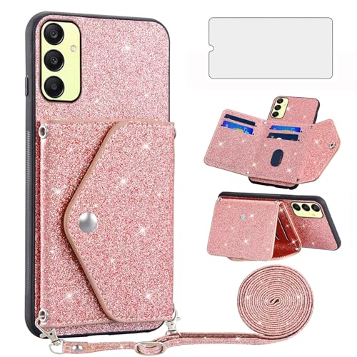 Asuwish Handyhülle für Samsung Galaxy A25 5G/A24 4G/M34 /F34 Hülle mit Band und Folie Schutzfolie Kartenfach Klappbar Glitzer Leder Geldbörse Ständer A 25 2024 24A Lte Handy Hüllen Phone Case Rosegold Asuwish Handyhülle für Samsung Galaxy A25 5G/A24 4G/M34 /F34 Hülle mit Band und Folie Schutzfolie Kartenfach Klappbar Glitzer Leder Geldbörse Ständer A 25 2024 24A Lte Handy Hüllen Phone Case Rosegold von Asuwish