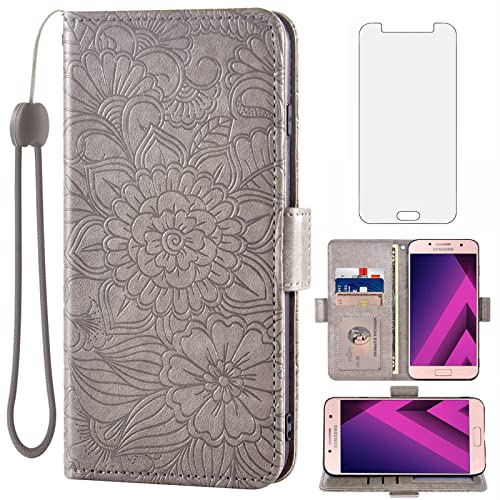 Asuwish Handyhülle für Samsung Galaxy A3 2017 Hülle mit Glas Folie Schutzfolie und Kartenfach Klappbar Leder Geldbörse Ständer SM A320 A320FL Handy Hüllen Blumen Schutzhülle Schutzglas Phone Case Grau von Asuwish