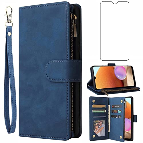 Asuwish Handyhülle für Samsung Galaxy A32 4G Hülle mit Folie Schutzfolie und Kartenfach Klappbar Leder Geldbörse Ständer Reißverschluss A 32 32A S32 G4 Wallet Handy Hüllen Schutzhülle Phone Case Blau von Asuwish