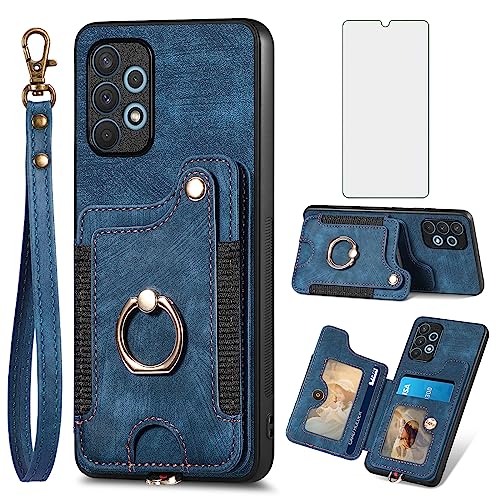 Asuwish Handyhülle für Samsung Galaxy A32 4G Hülle mit Glas Folie Schutzfolie und Magnetisch Ring Ständer Kartenfach Klappbar Leder Geldbörse Ständer A 32 32A S32 G4 Handy Schutzhülle Phone Case Blau von Asuwish