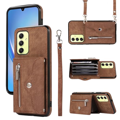 Asuwish Handyhülle für Samsung Galaxy A34 5G Hülle mit Band Kartenfach Klappbar Geldbörse Ständer Handyhüllen Cover Leder A 34 G5 34A S34 A345G A346B Handy Hüllen Schutzhülle Damen Phone Case Braun von Asuwish
