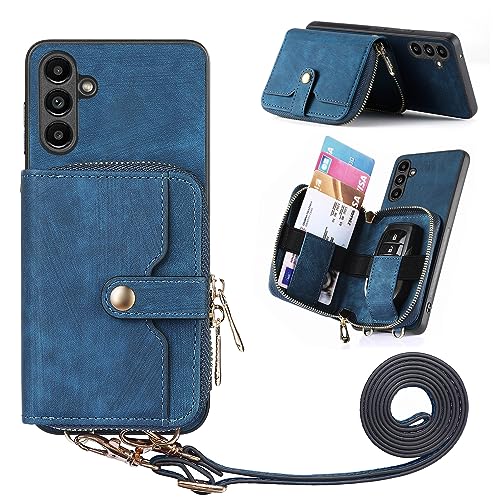 Asuwish Handyhülle für Samsung Galaxy A34 5G Reißverschluss Wallet Cover mit Kreditkartenfach Schlitz Schulter Crossbody Strap Langes Lanyard Leder Handy Zubehör A 34 34A Frauen Mädchen Blau von Asuwish