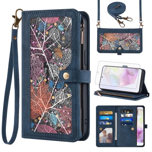 Asuwish Handyhülle für Samsung Galaxy A35 5G Hülle mit Band Folie Schutzfolie Kartenfach Klappbar Leder Geldbörse Ständer A 35 35A A355G Handy Hüllen Schutzhülle Handyhüllen Wallet Phone Case Blau von Asuwish