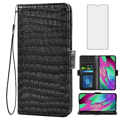 Asuwish Handyhülle für Samsung Galaxy A40 Hülle mit Glas Folie Schutzfolie und Kartenfach Klappbar Leder Geldbörse Ständer A 40 40A S40 2019 Handy Hüllen Schutzhülle Handyhüllen Phone Case Schwarz von Asuwish