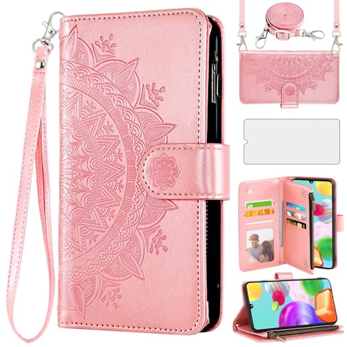 Asuwish Handyhülle für Samsung Galaxy A41 Hülle mit Band und Folie Schutzfolie Kartenfach Klappbar Leder Blumen Geldbörse Ständer A 41 41A S41 Reißverschluss Handy Hüllen Schutzhülle Phone Case Rosa von Asuwish