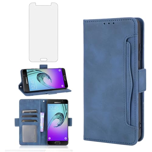 Asuwish Handyhülle für Samsung Galaxy A5 2016 Hülle mit Glas Folie Schutzfolie Kartenfach Klappbar Leder Geldbörse Ständer Handyhüllen Panzerfolie Handy Hüllen Schutzhülle Cover Phone Case Blau von Asuwish