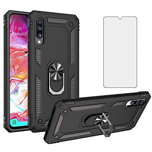 Asuwish Handyhülle für Samsung Galaxy A70 A70S Hülle mit Glas Folie Schutzfolie und Magnetisch Ring Ständer Handyhüllen Schutzglas Cover A 70 S 70A S70 Slim Handy Hüllen Schutzhülle Phone Case Schwarz von Asuwish