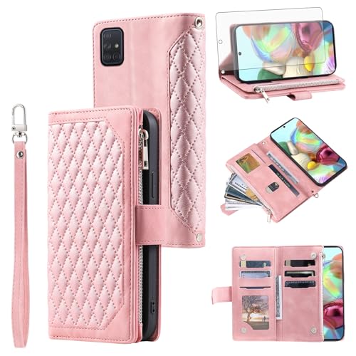 Asuwish Handyhülle für Samsung Galaxy A71 4G Hülle mit Band Folie Schutzfolie Kartenfach Klappbar Leder Geldbörse Ständer A 71 71A S71 Handy Hüllen Schutzhülle Reißverschluss Phone Case Roségold von Asuwish
