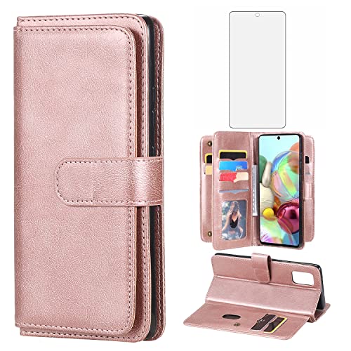 Asuwish Handyhülle für Samsung Galaxy A71 4G Hülle mit Glas Folie Schutzfolie und Kartenfach Klappbar Leder Geldbörse Ständer A 71 71A S71 Handy Hüllen Schutzhülle Schutzglas Cover Phone Case Roségold von Asuwish