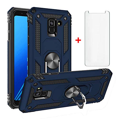 Asuwish Handyhülle für Samsung Galaxy A8 2018 Duos Hülle mit Glas Folie Schutzfolie und Magnetisch Ring Ständer Panzerfolie Cover A530 A530F SM-A530F Slim Handy Hüllen Schutzhülle Phone Case Blau von Asuwish