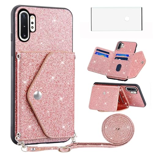 Asuwish Handyhülle für Samsung Galaxy Note 10 Plus Hülle mit Band und Folie Schutzfolie Kartenfach Klappbar Glitzer Leder Geldbörse Ständer Note10+ 5G Note10 + 10+ 10Plus Hüllen Phone Case Rosegold von Asuwish
